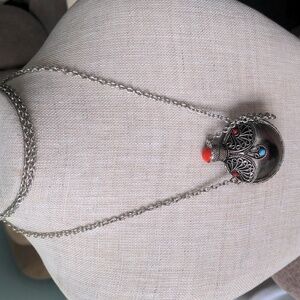 Vintage Tibetan Silver Pendant Necklace. Turquoise,Coral, 36" Chain, Handcrafted